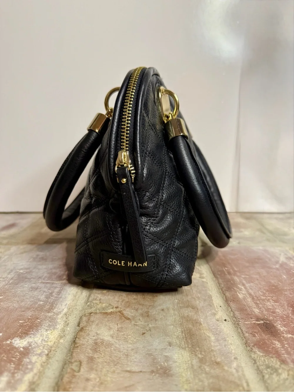 Cole Haan Black Quilted Leather Dome Satchel – Gold Hardware